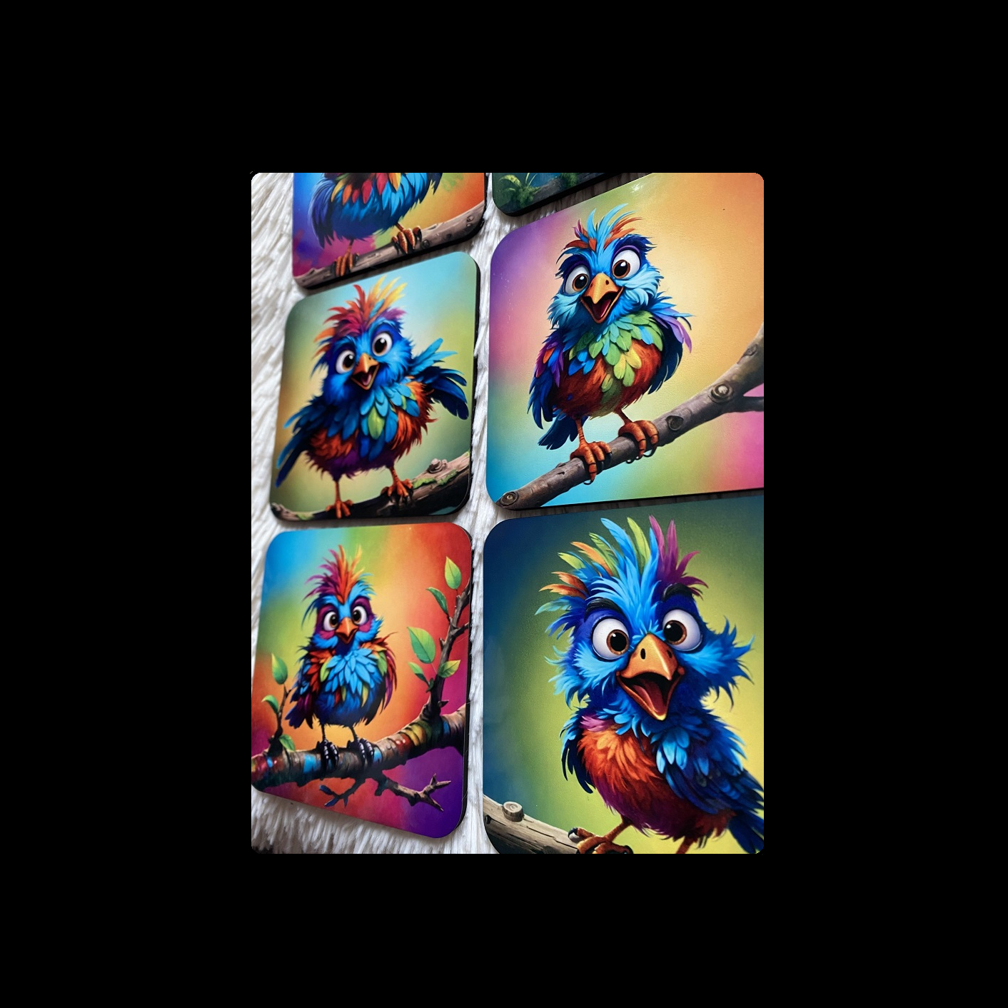 Scruffy Bird Square 8 Coaster Set 9cm x 9cm