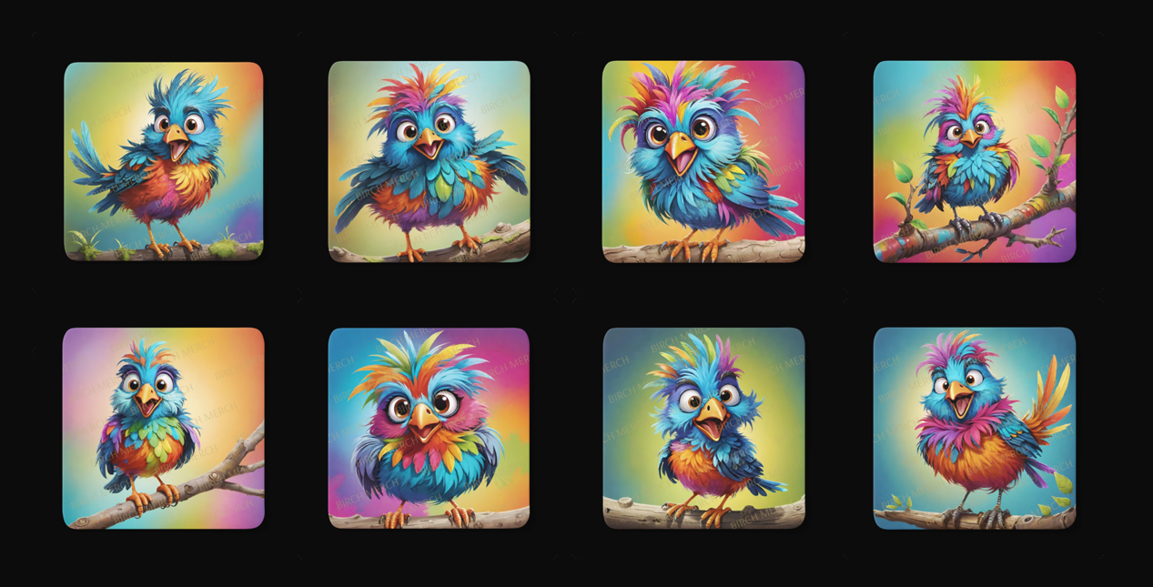 Scruffy Bird Square 8 Coaster Set 9cm x 9cm
