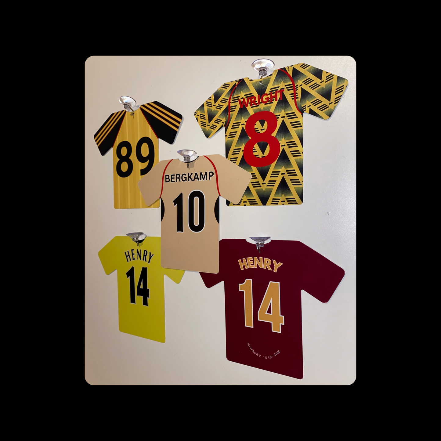 Arsenal Retro Shirts Double Sided (Set Of 5) Window Signs 12cm x 15cm (Includes Suction Hooks)
