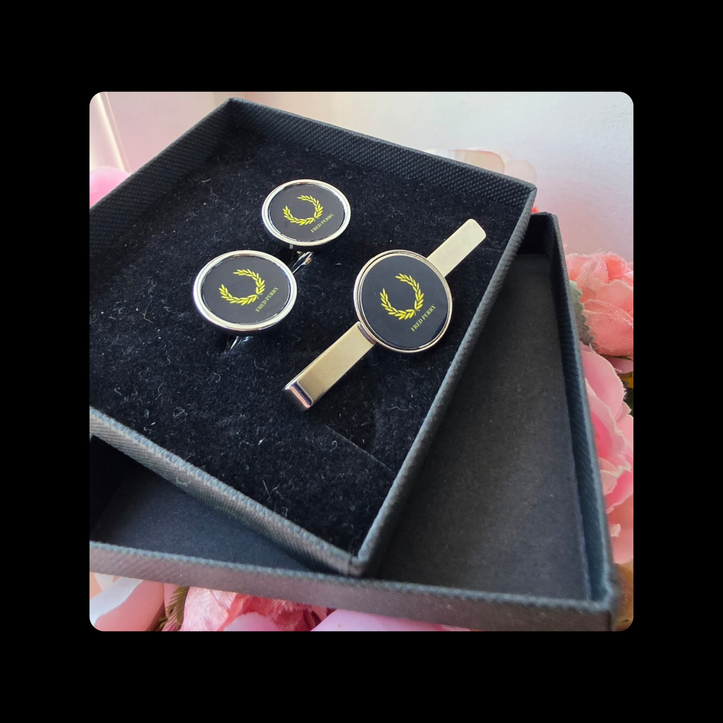 Fred Perry Black & Yellow Chrome Tie Pin & Cufflinks