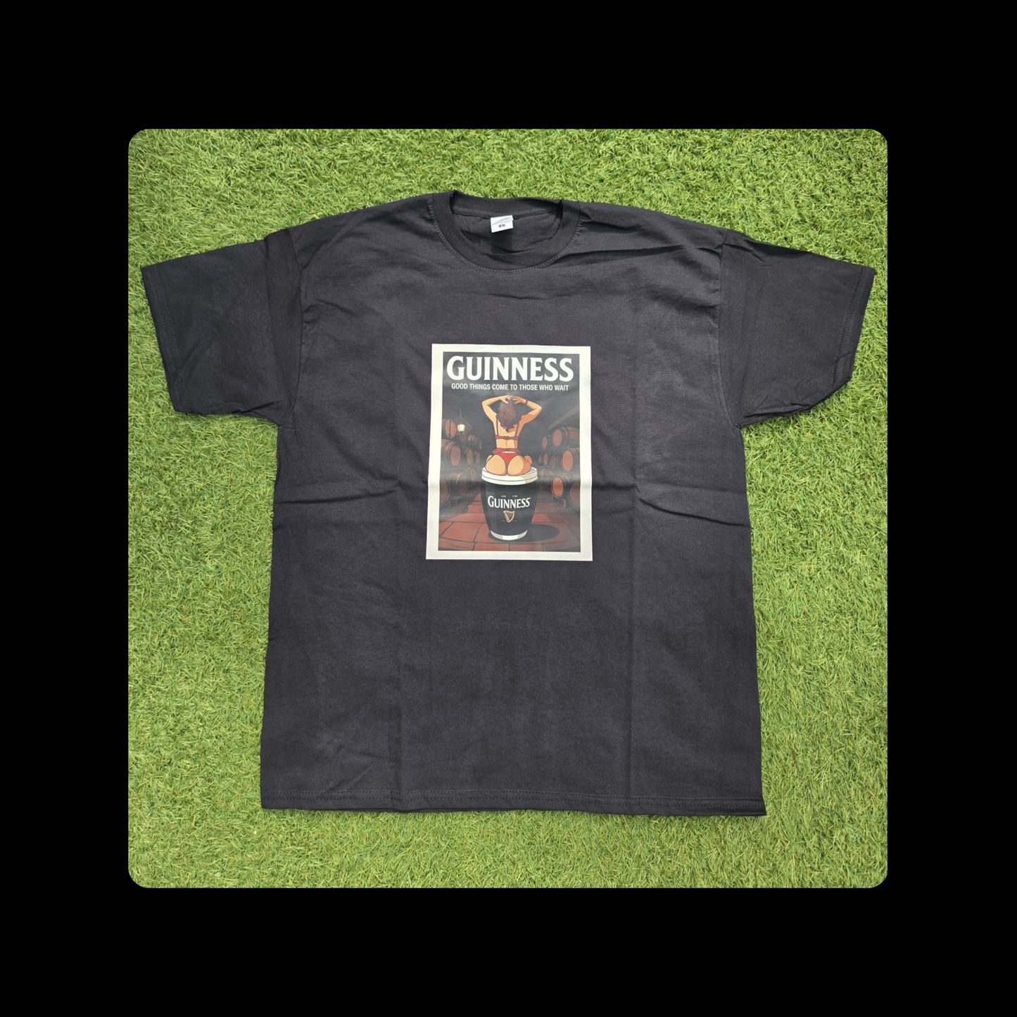 Guinness Barrel Pin Up Girl Short Sleeved 100% Cotton Black T-Shirt