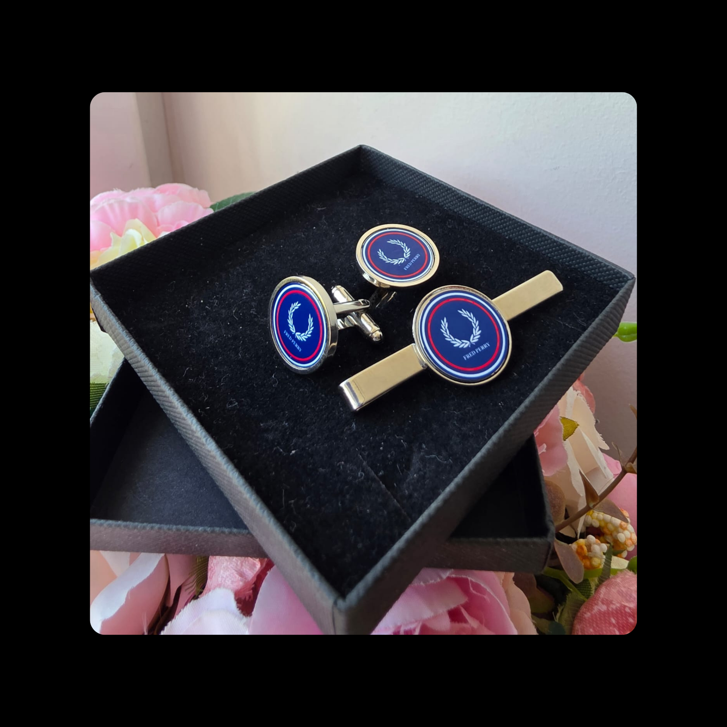Fred Perry Blue, Red & White Chrome Tie Pin & Cufflinks