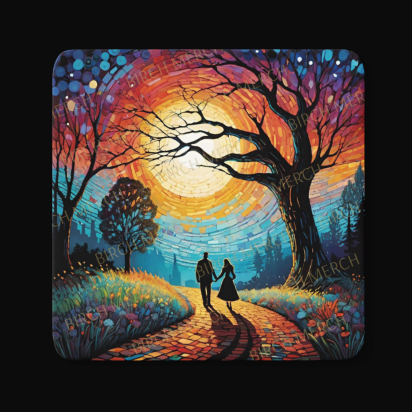 Romantic Moonlight Walk Square Coaster 9cm x 9cm Design 1