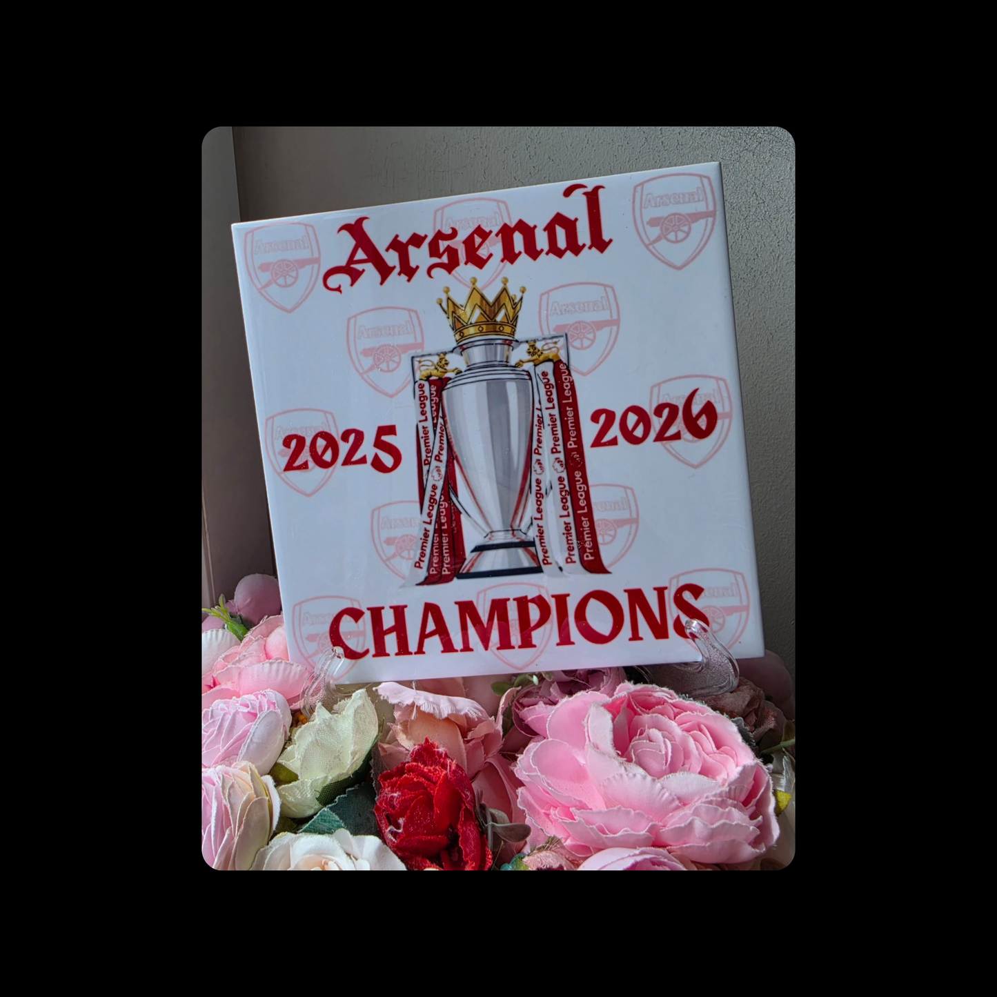 Arsenal Champions Current Badge Ceramic Tile 15cm x 15cm (6" x 6") Supplied With Clear Stand