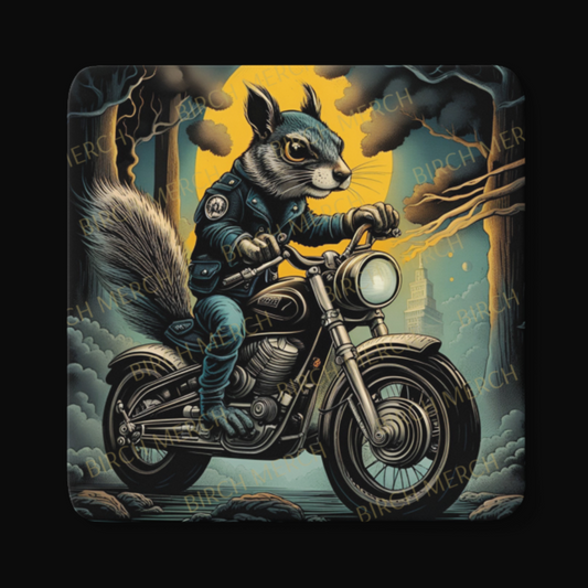 Biker Squirrel Square Coaster 9cm x 9cm Design 2