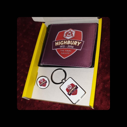 Arsenal Highbury Final Salute PU Material Wallet, Metal Keyring & Pin Badge Gift Box Set