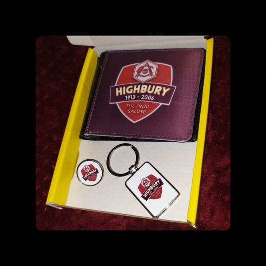 Arsenal Highbury Final Salute PU Material Wallet, Metal Keyring & Pin Badge Gift Box Set
