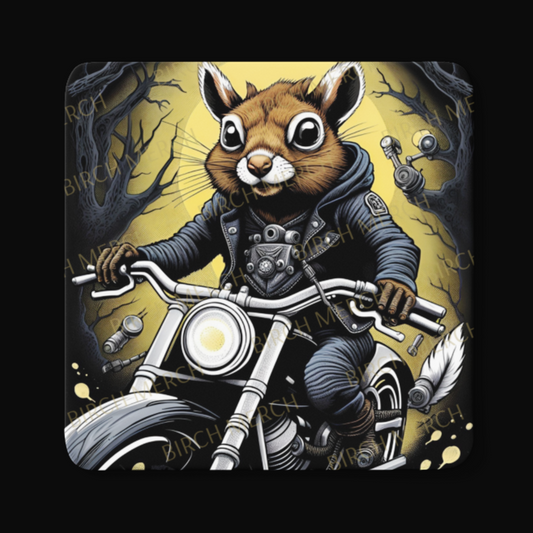 Biker Squirrel Square Coaster 9cm x 9cm Design 4