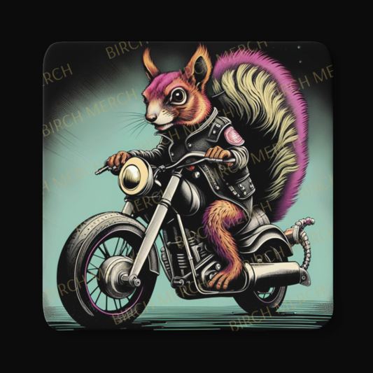 Biker Squirrel Square Coaster 9cm x 9cm Design 5