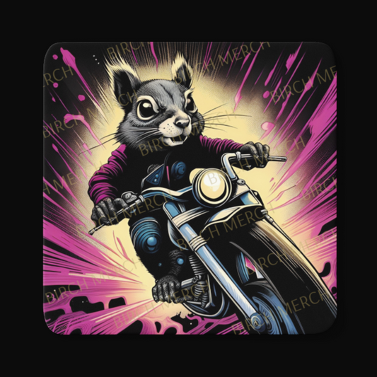 Biker Squirrel Square Coaster 9cm x 9cm Design 6