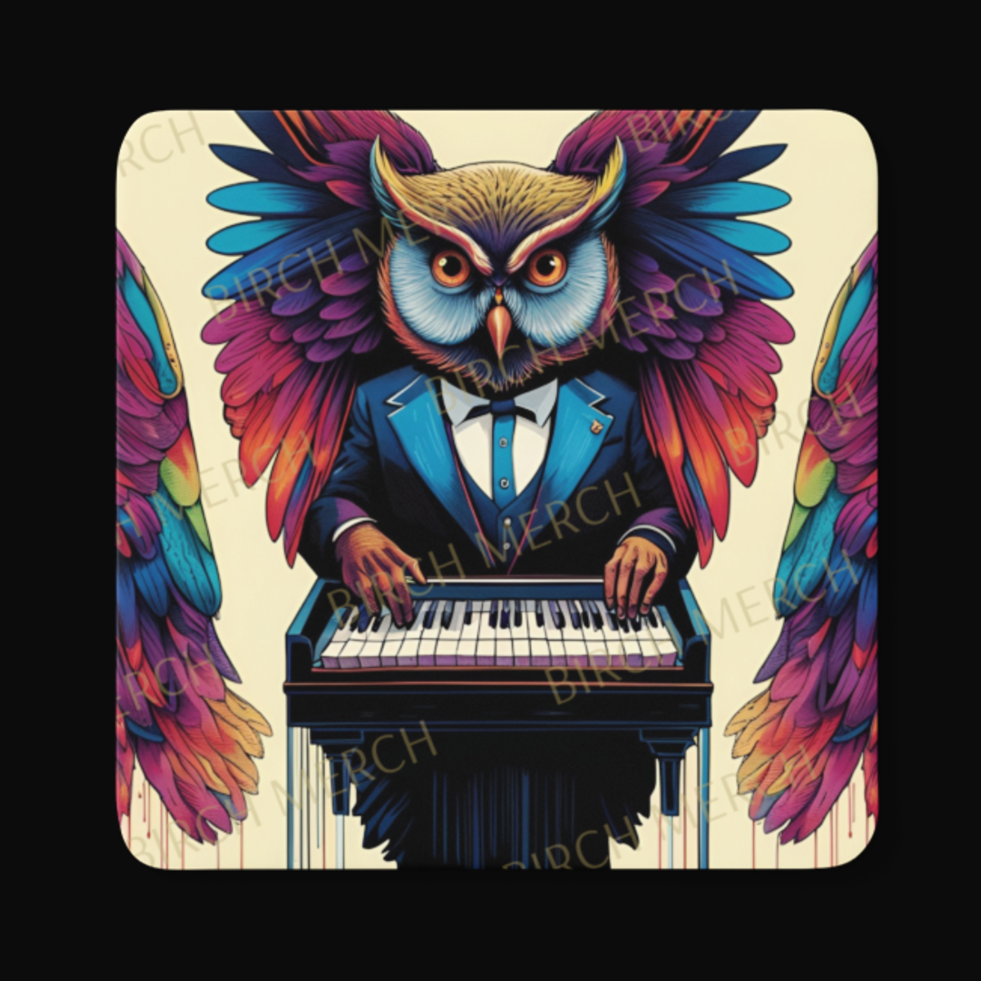 Owl Musician Square Coaster 9cm x 9cm Design 6