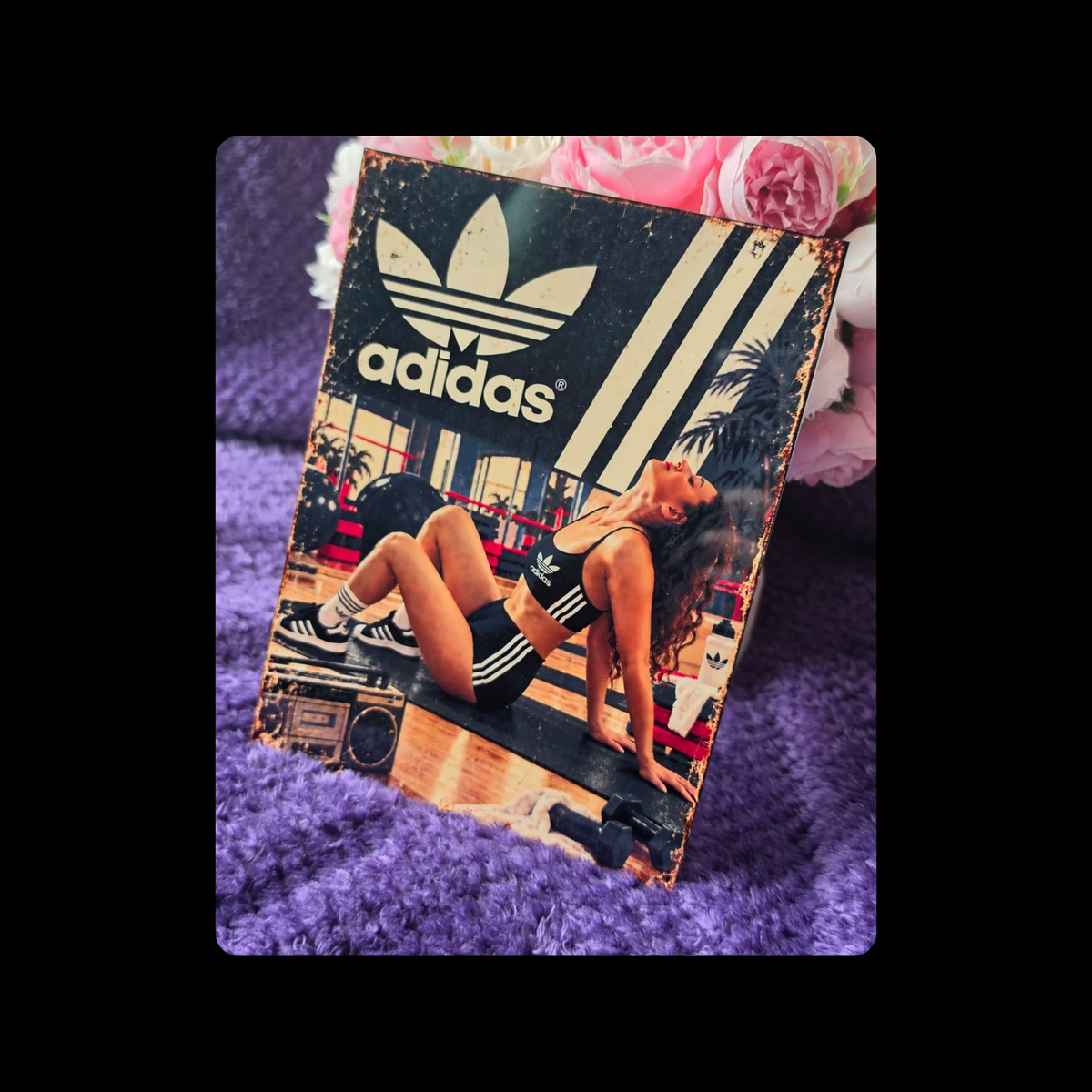 Adidas Pin Up Girl Yoga Black Metal Bar Sign 15cm x 20cm