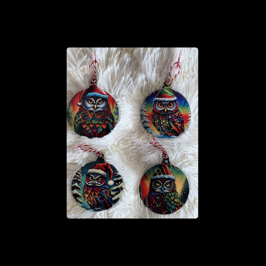 Owl Christmas Round Decoration Set (4 Baubles) 8cm Design 1