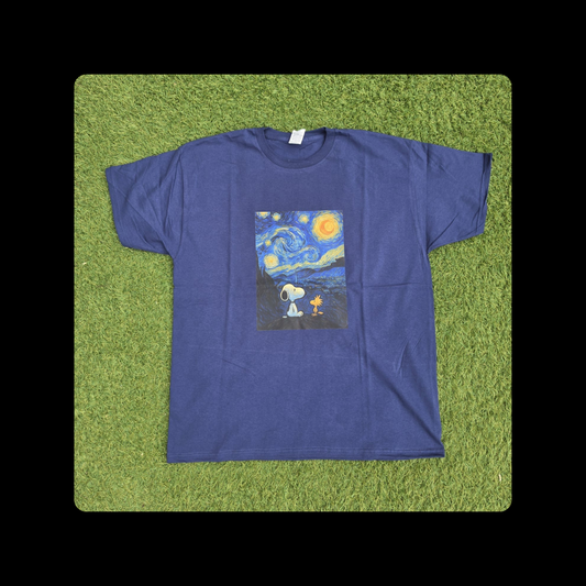 Snoopy Van Gogh The Starry Night Short Sleeved 100% Cotton Navy T-Shirt