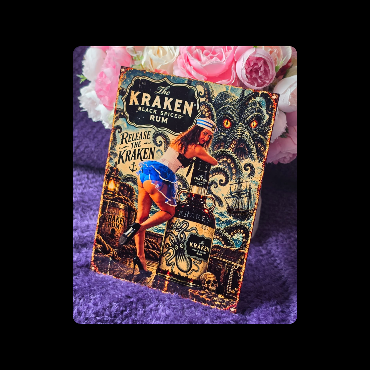 Kraken Black Spiced Rum Pin Up Girl Metal Bar Sign 15cm x 20cm