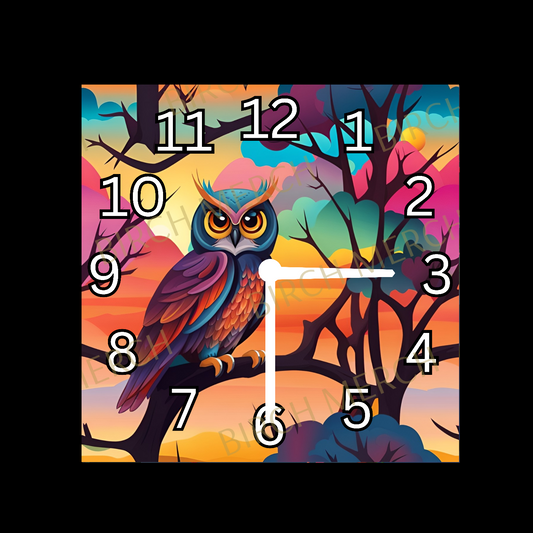 Owl Square Glass Clock 20cm x 20cm Design 1