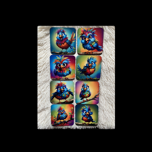 Scruffy Bird Square 8 Coaster Set 9cm x 9cm