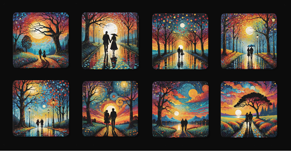 Romantic Moonlight Walk Square 8 Coaster Set 9cm x 9cm