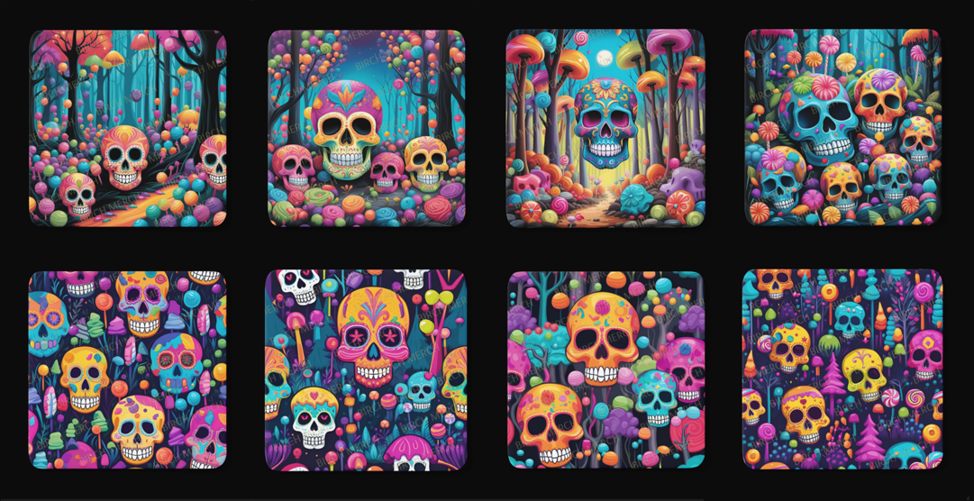 Candy Skull Forest Square 8 Coaster Set 9cm x 9cm