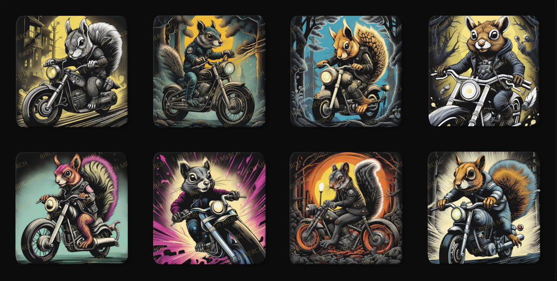 Biker Squirrel Square 8 Coaster Set 9cm x 9cm