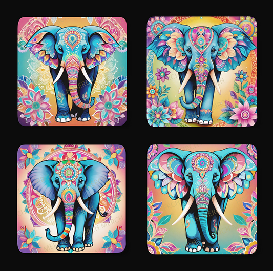 Mandala Elephant Square 4 Coaster Set 9cm x 9cm