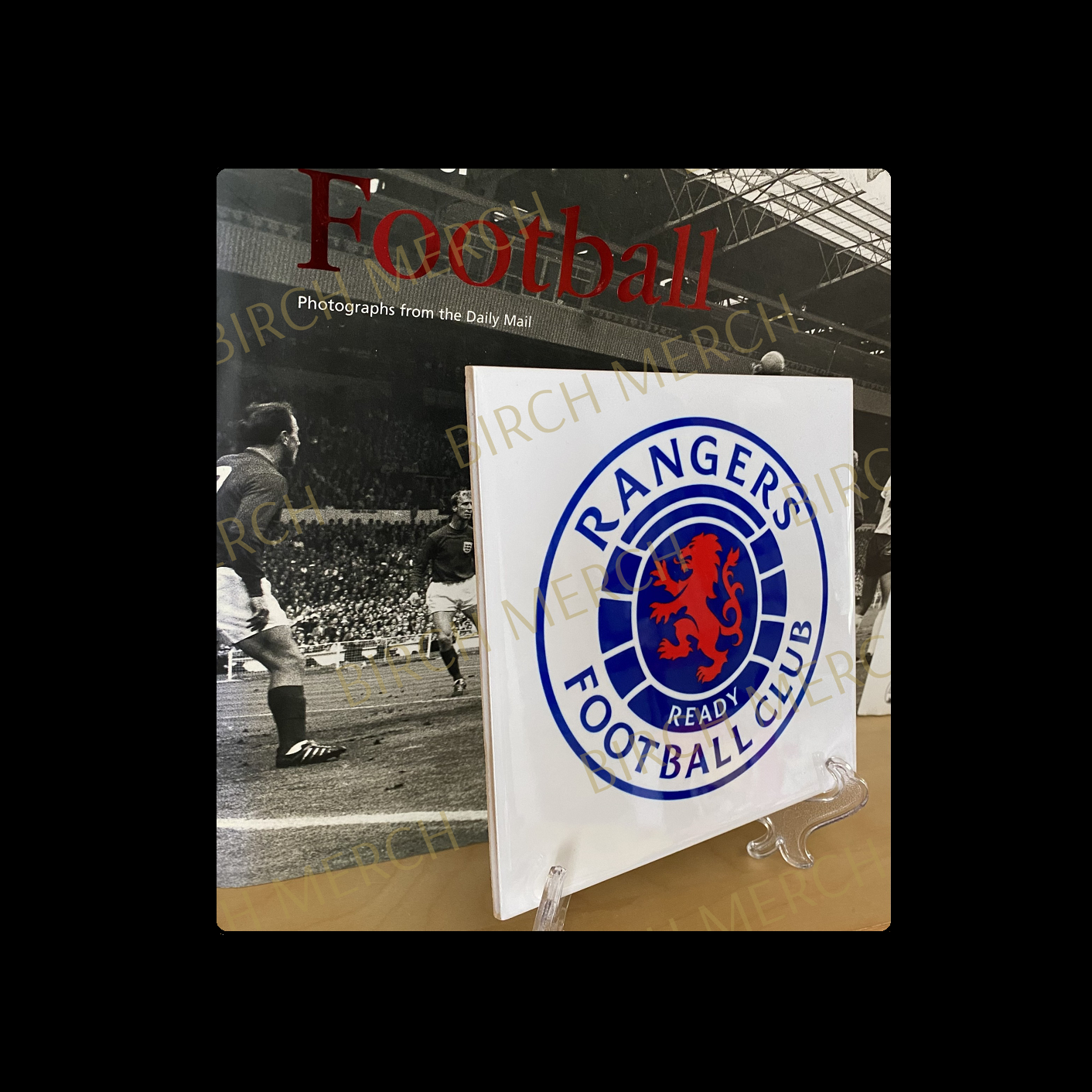 Glasgow Rangers Badge Ceramic Tile 15cm x 15cm (6" x 6") Supplied With Clear Stand