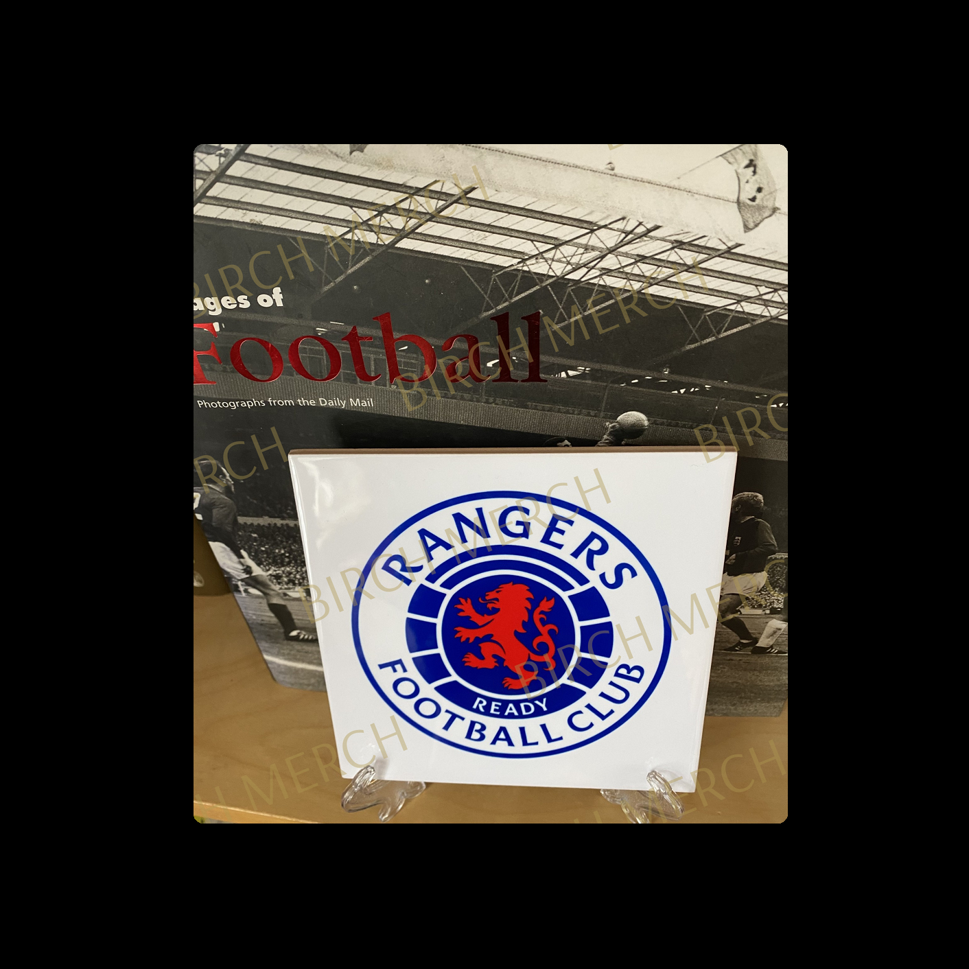 Glasgow Rangers Badge Ceramic Tile 15cm x 15cm (6" x 6") Supplied With Clear Stand