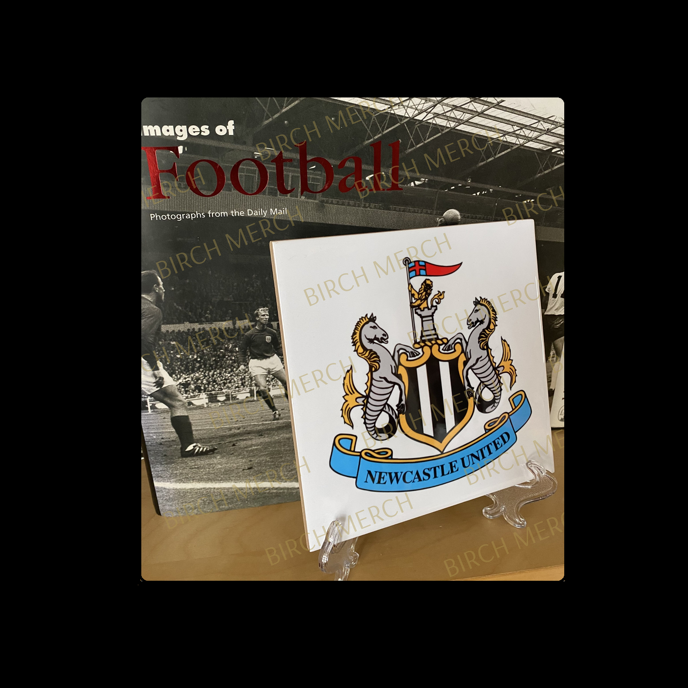 Newcastle United Badge Ceramic Tile 15cm x 15cm (6" x 6") Supplied With Clear Stand