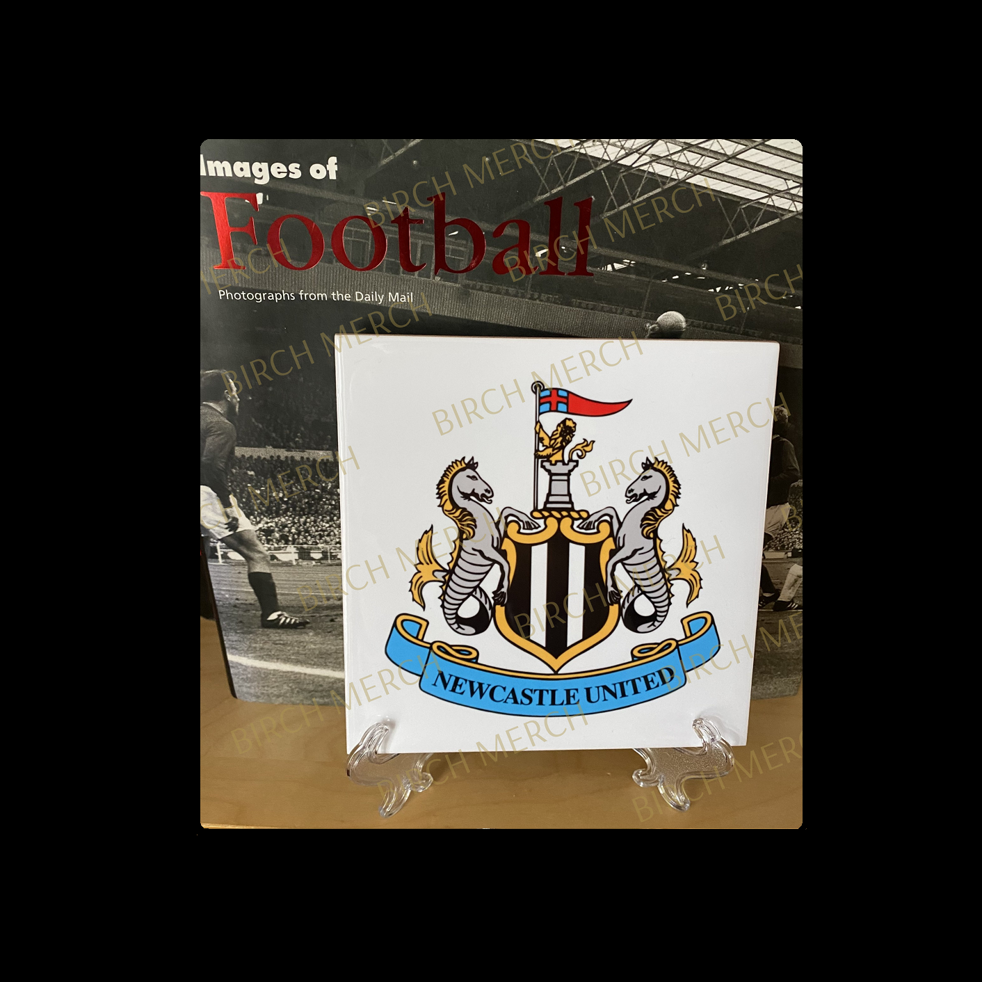 Newcastle United Badge Ceramic Tile 15cm x 15cm (6" x 6") Supplied With Clear Stand