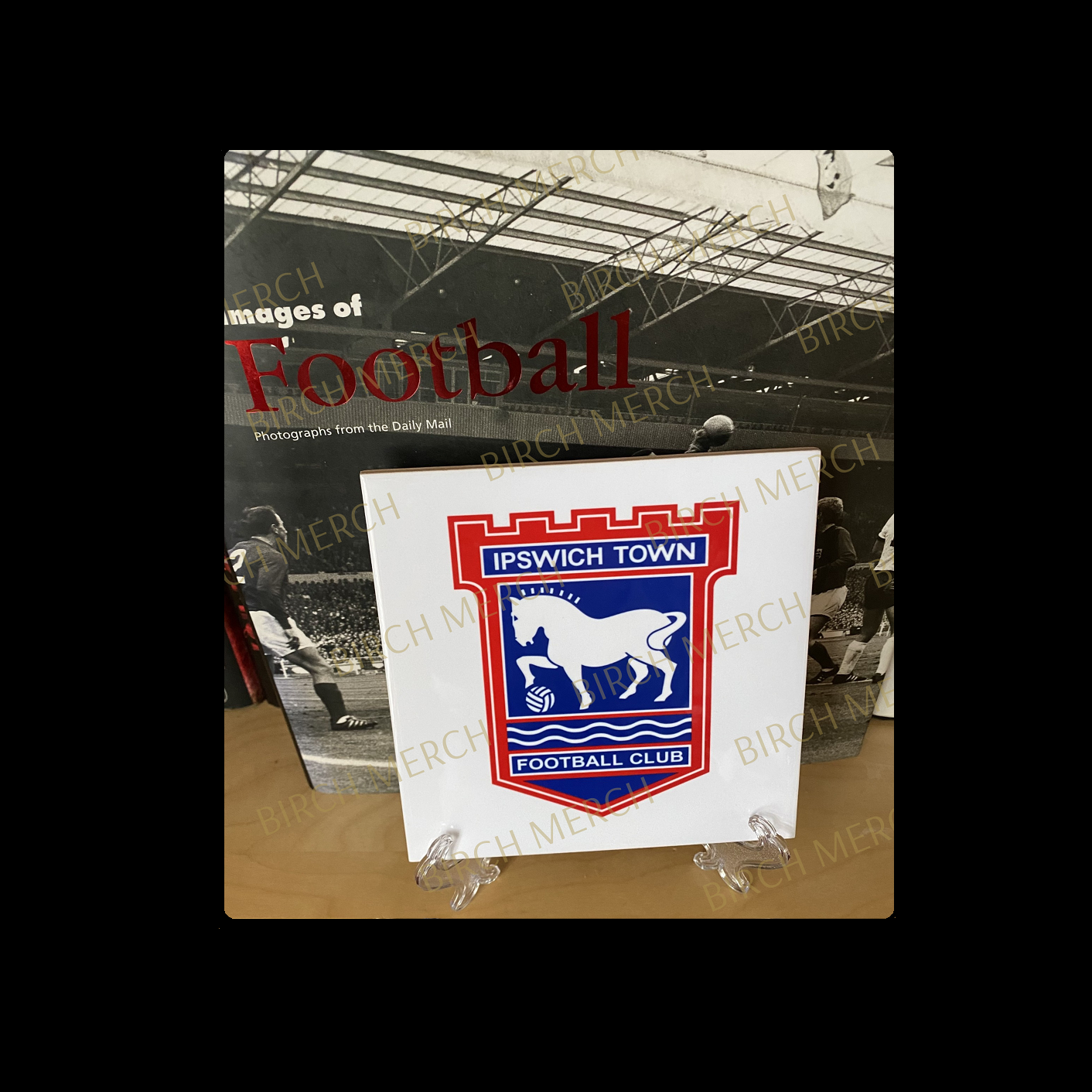 Ipswich Town Badge Ceramic Tile 15cm x 15cm (6" x 6") Supplied With Clear Stand