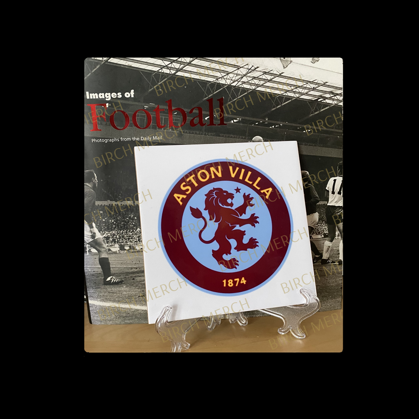 Aston Villa Badge Ceramic Tile 15cm x 15cm (6" x 6") Supplied With Clear Stand