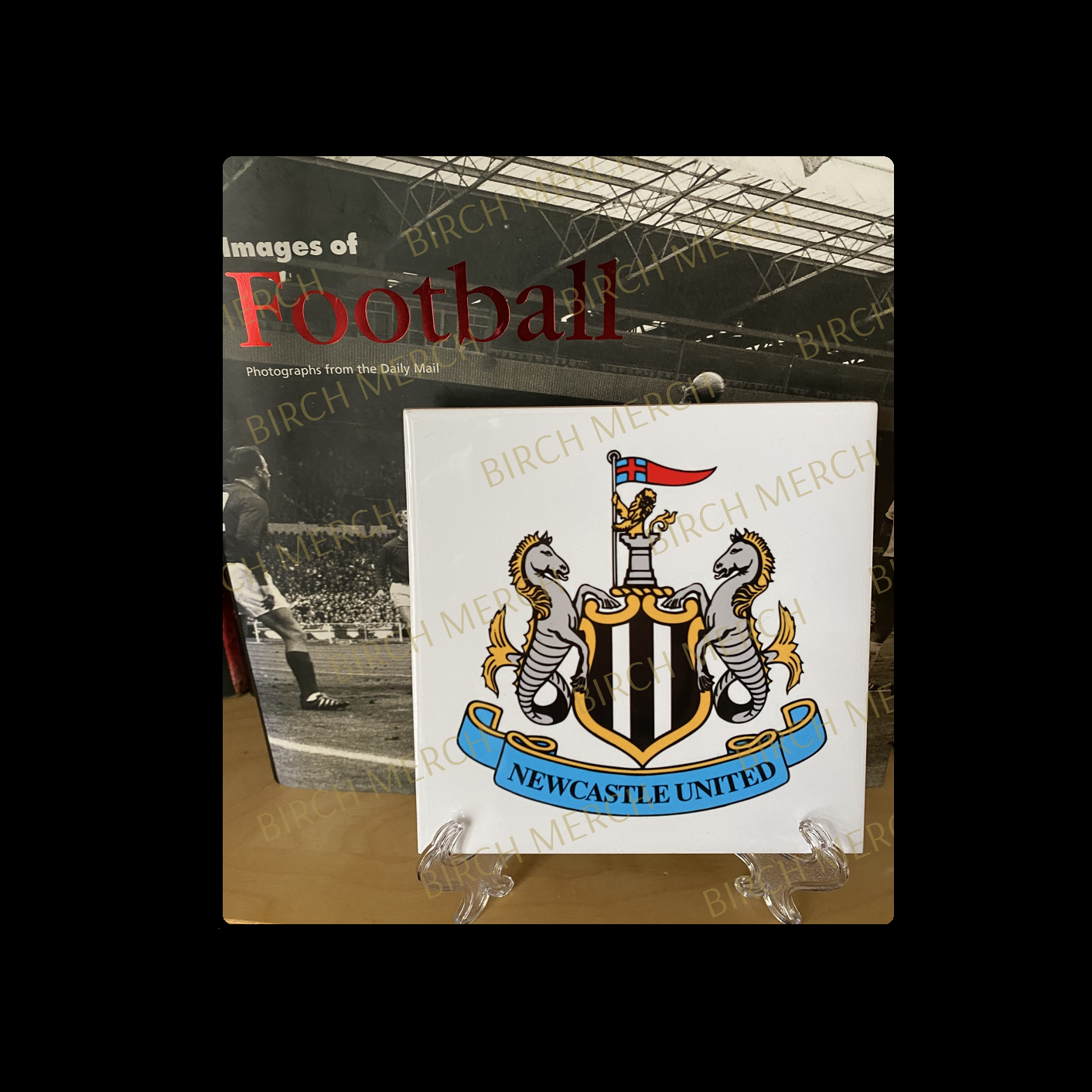 Newcastle United Badge Ceramic Tile 15cm x 15cm (6" x 6") Supplied With Clear Stand