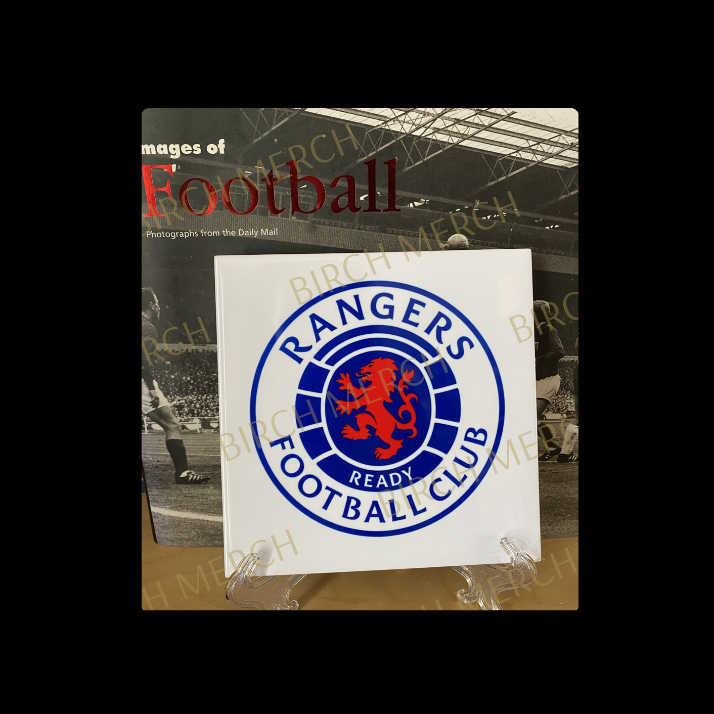 Glasgow Rangers Badge Ceramic Tile 15cm x 15cm (6" x 6") Supplied With Clear Stand