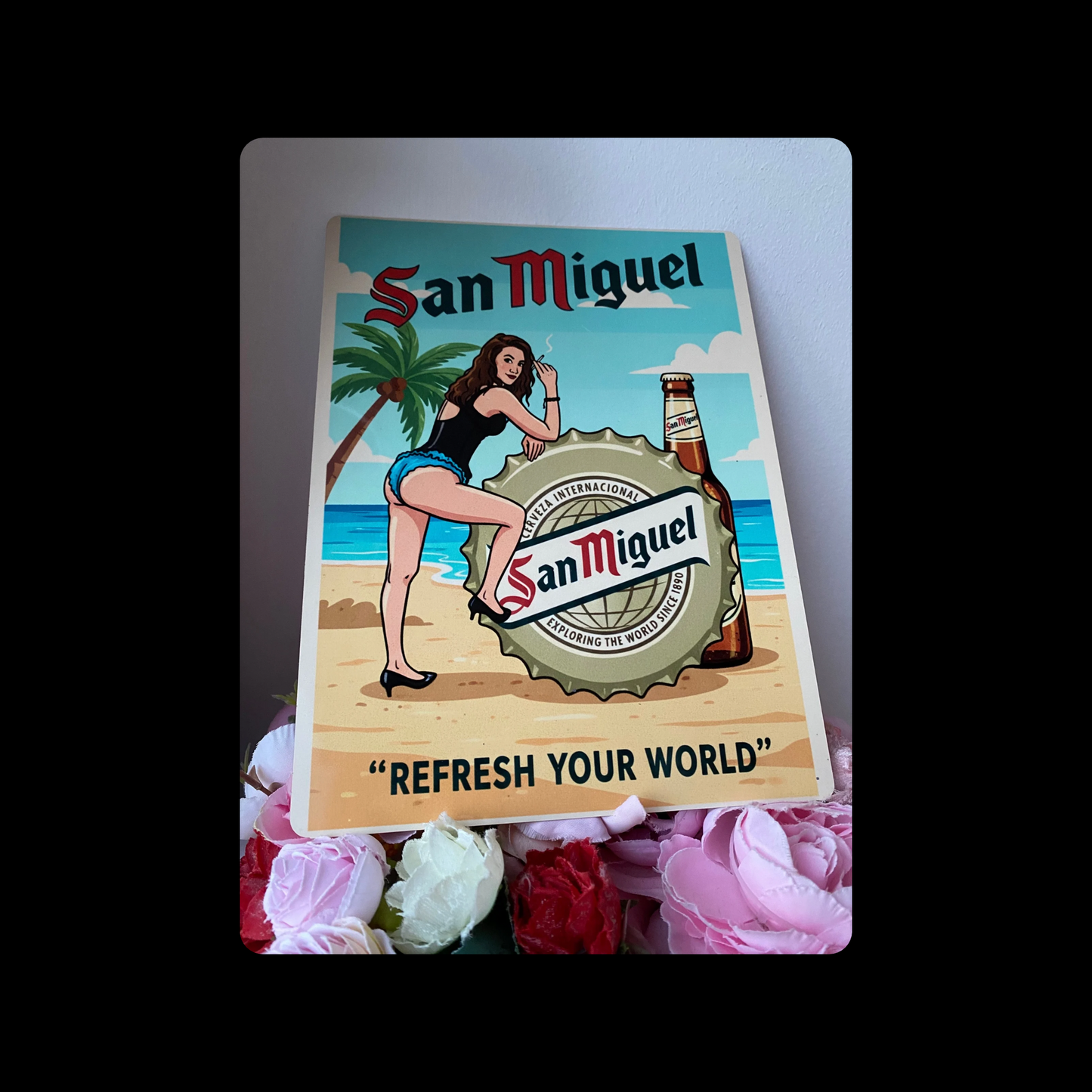 San Miguel Pin Up Girl Metal Bar Sign 15cm x 20cm