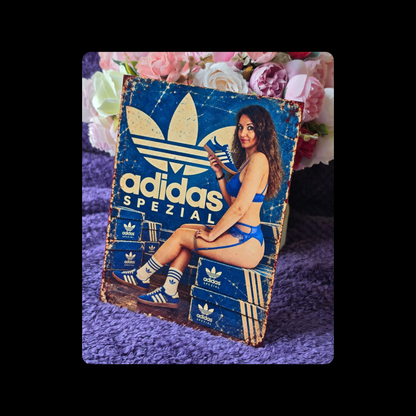Adidas Spezial Pin Up Girl Blue Metal Bar Sign 15cm x 20cm