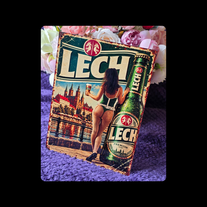 Lech Polish Beer Pin Up Girl Metal Bar Sign 15cm x 20cm