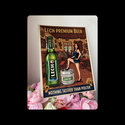 Lech Polish Beer Pin Up Girl Metal Bar Sign 15cm x 20cm