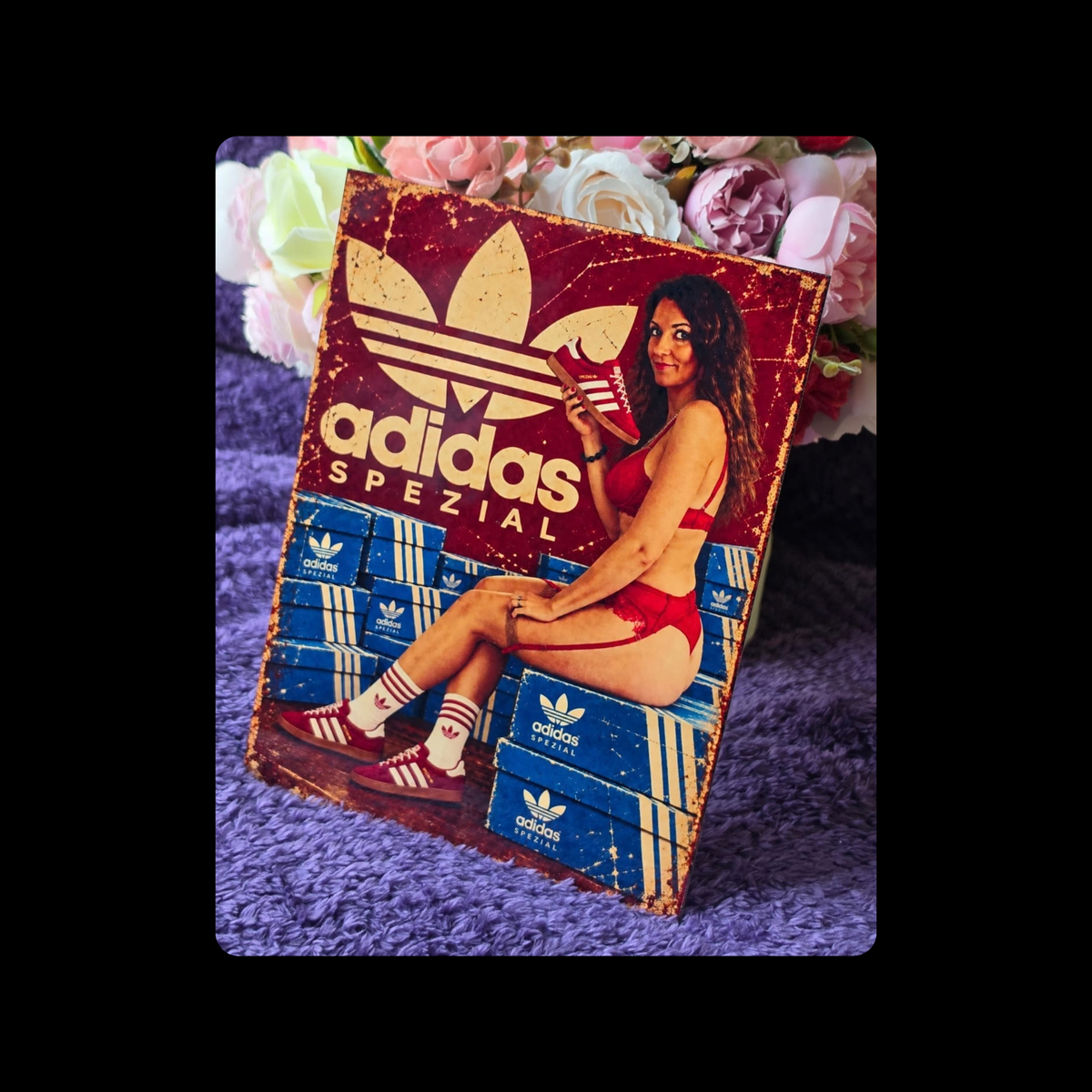 Adidas Spezial Pin Up Girl Red Metal Bar Sign 15cm x 20cm