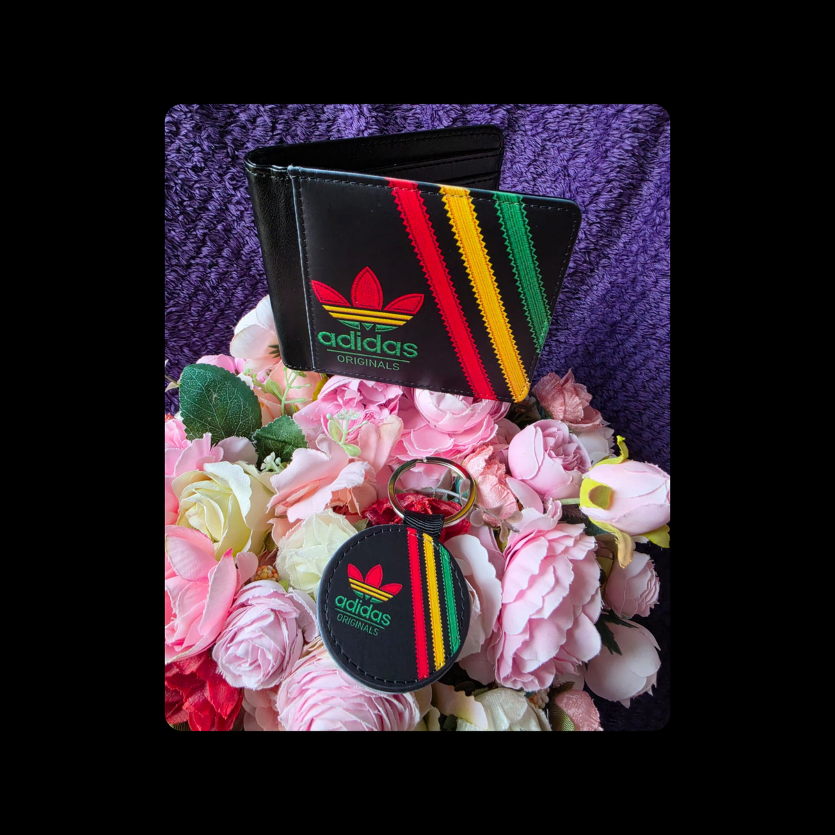 Adidas Black, Red, Yellow & Green PU Material Wallet & Keyring