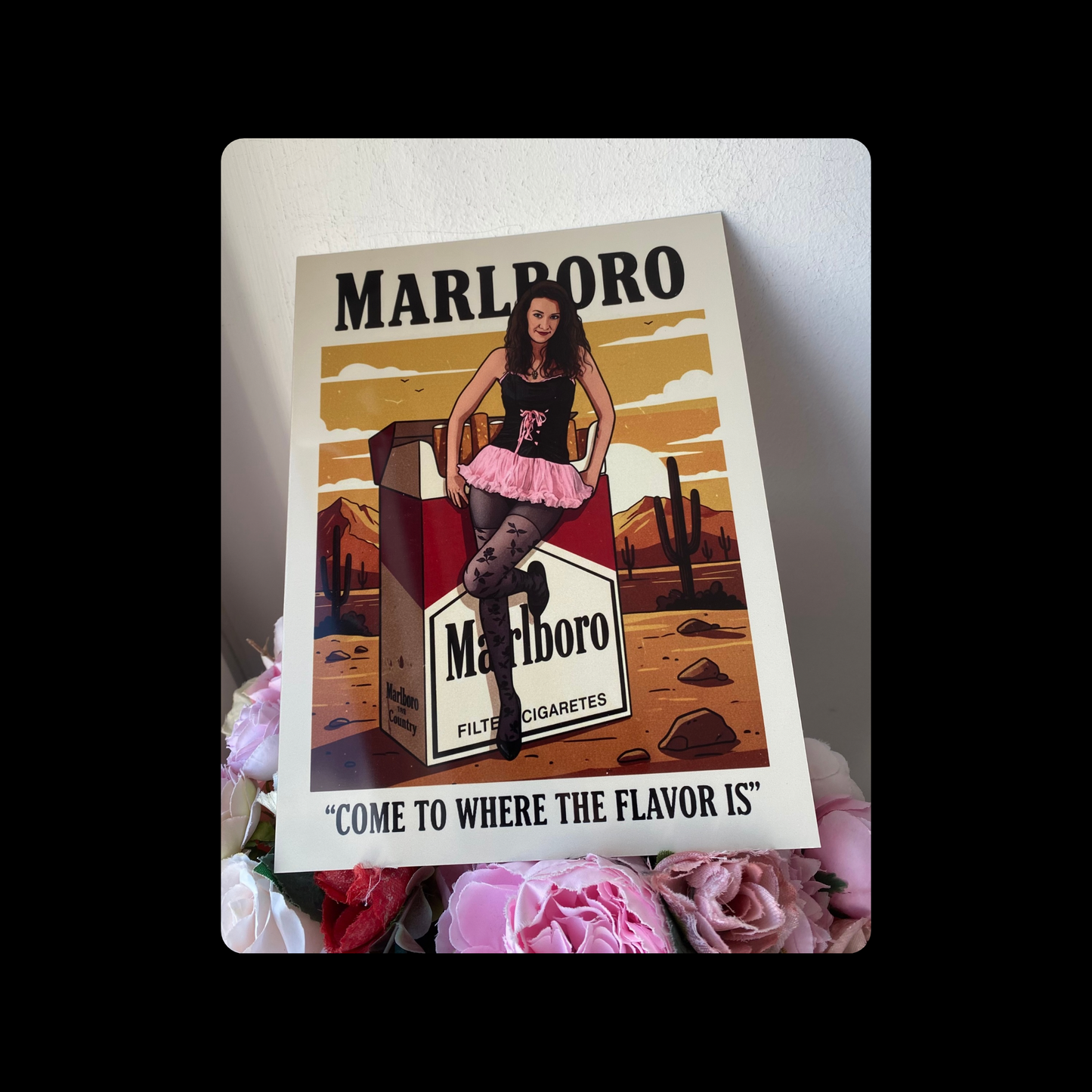Marlboro Cigarettes Come To Where The Flavor Is Pin Up Girl Standing By Box Metal Bar Sign 15cm x 20cm