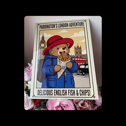 Paddington Bear Fish & Chips Metal Bar Sign 15cm x 20cm
