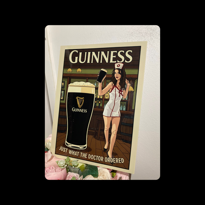Guinness Just What The Doctor Ordered Version 2 Pin Up Girl Metal Bar Sign 15cm x 20cm