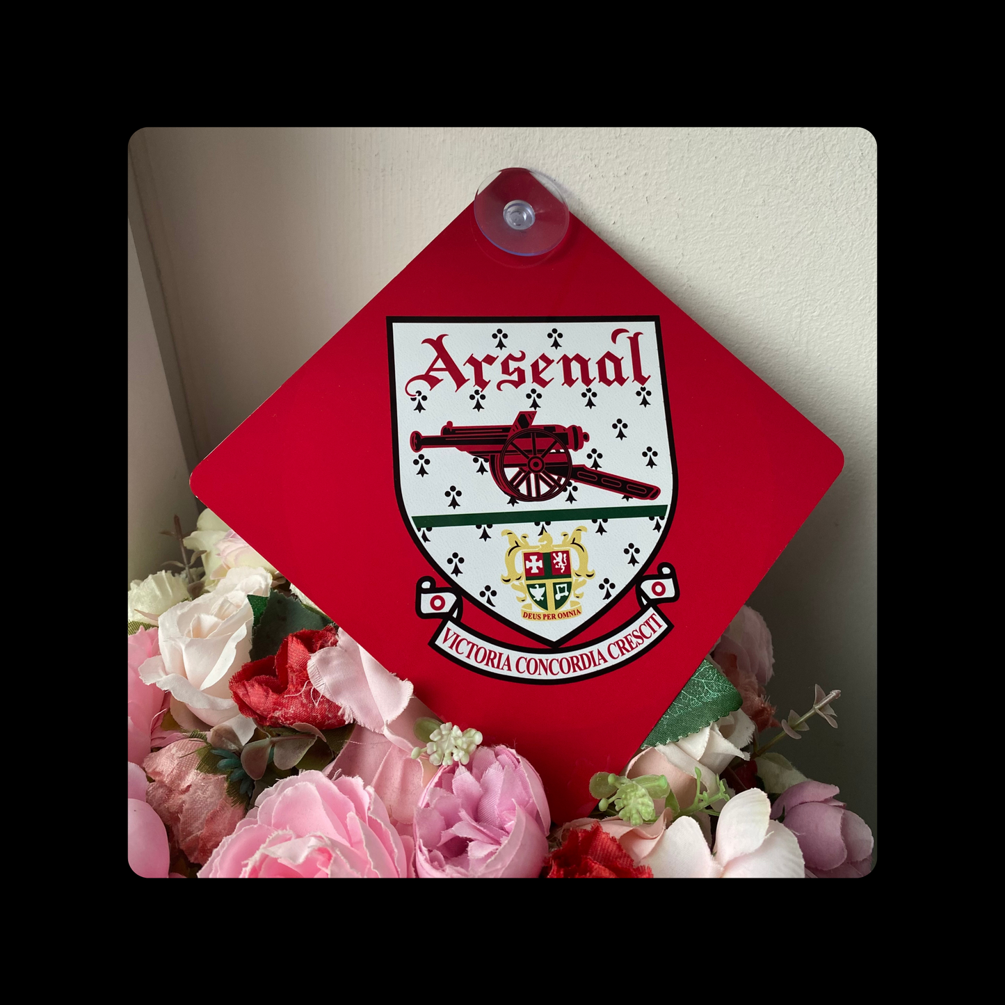Arsenal 1990-1993 Badge Red Window Sign 14cm x 14cm (Includes Suction Hook)