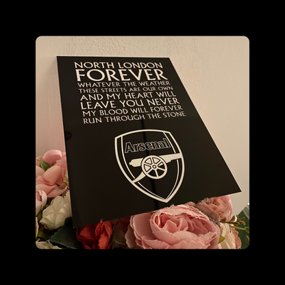 Arsenal North London Forever Lyrics Current Badge Black & White Metal Bar Sign 15cm x 20cm