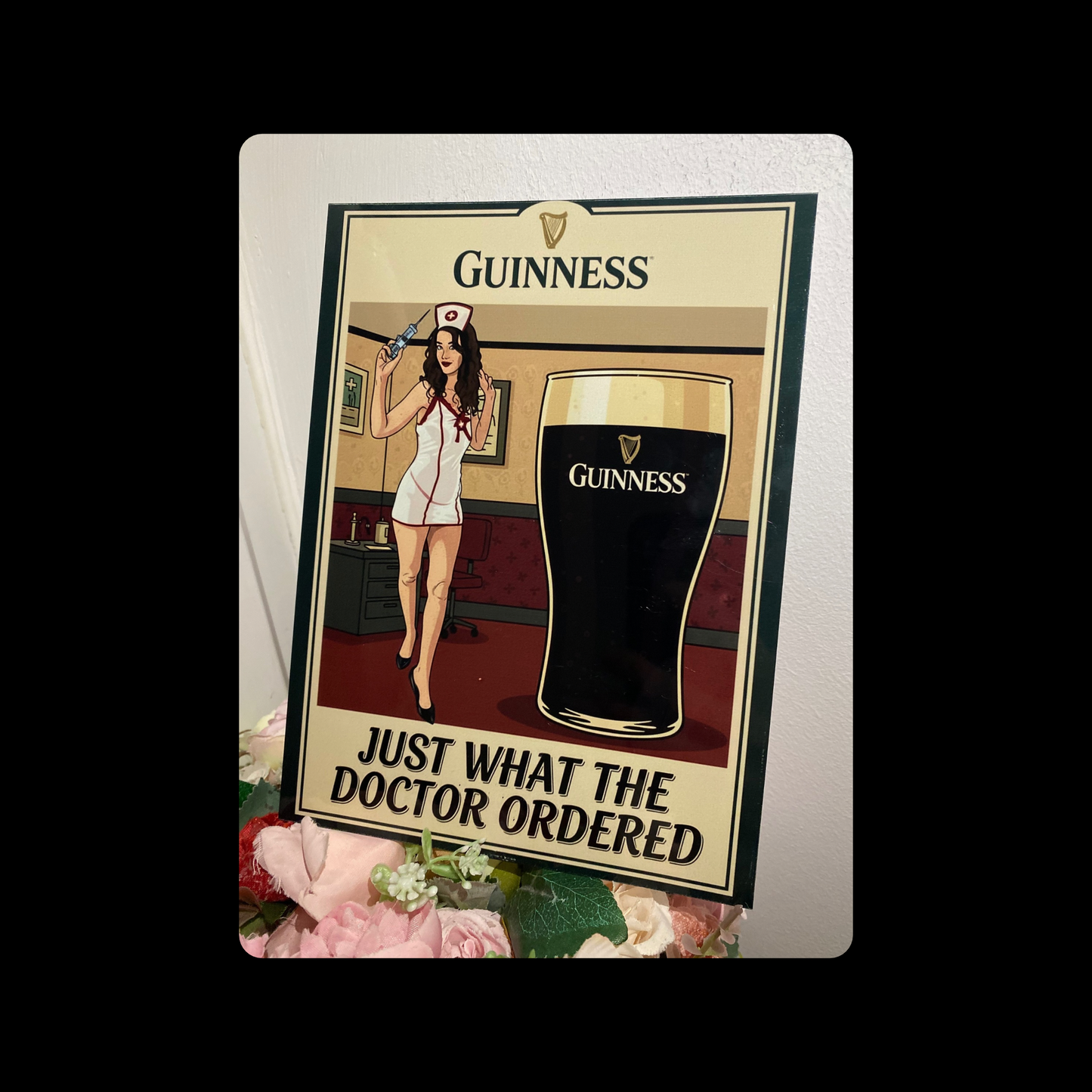 Guinness Just What The Doctor Ordered Pin Up Girl Metal Bar Sign 15cm x 20cm