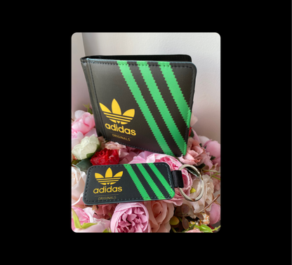 Adidas Originals Black, Green & Yellow Shoebox Style Jamaican Flag Colours PU Material Wallet & Keyring