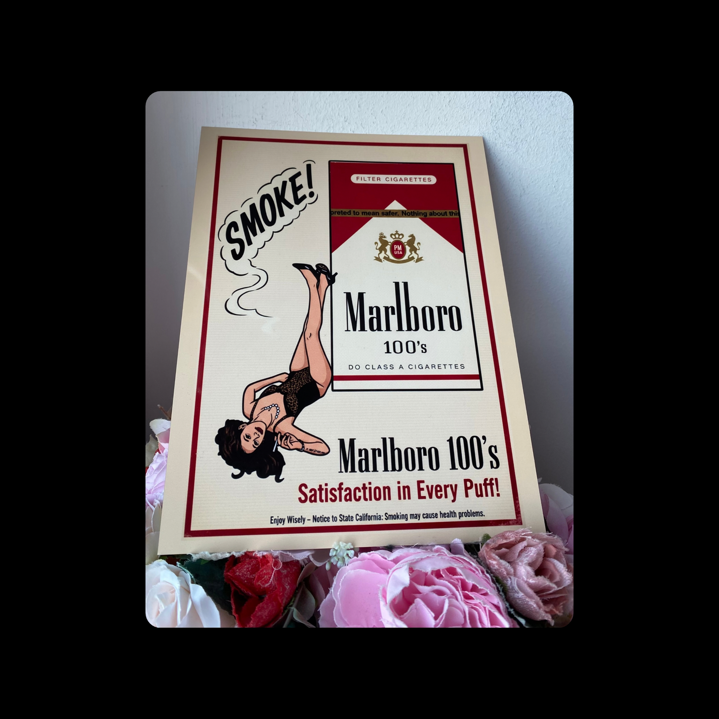 Marlboro Cigarettes Satisfaction In Every Puff Pin Up Girl Metal Bar Sign 15cm x 20cm