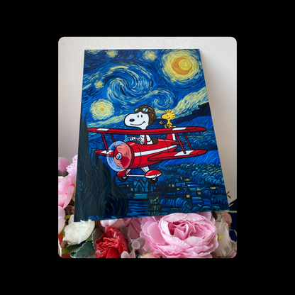 Snoopy Van Gogh Starry Night Plane Metal Bar Sign 15cm x 20cm