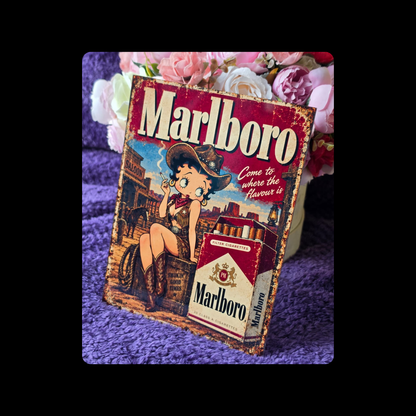 Betty Boop Marlboro Cigarettes Cowgirl Metal Bar Sign 15cm x 20cm