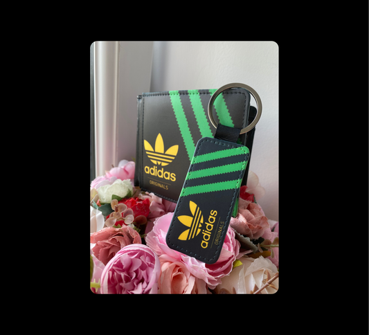 Adidas Originals Black, Green & Yellow Shoebox Style Jamaican Flag Colours PU Material Wallet & Keyring